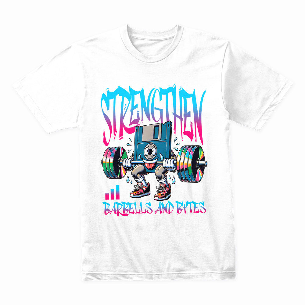 "Strengthen: Barbells & Bytes" Retro Fitness Geek T-Shirt – Power Up with Every Rep