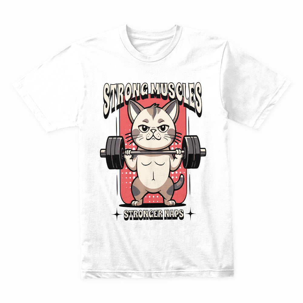 "Strong Muscles, Stronger Naps" Funny Workout Cat T-Shirt