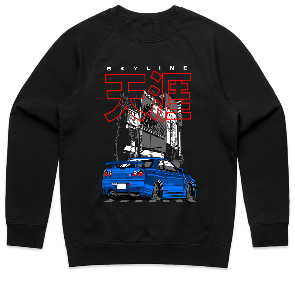 Skyline Midnight Drift – Blue R34 JDM Street Legend T-Shirt