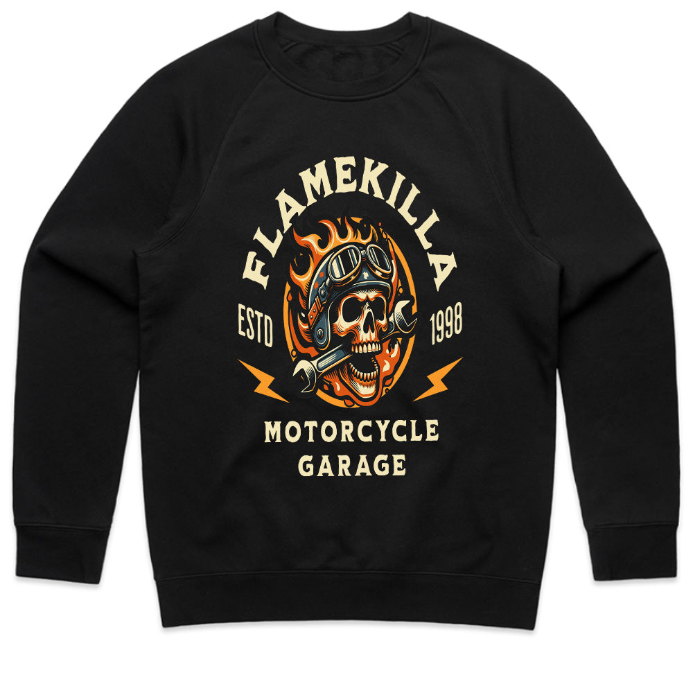 FlameKilla Motorcycle Garage – Fiery Skull Biker T-Shirt
