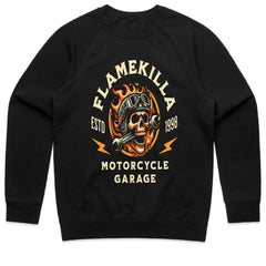 FlameKilla Motorcycle Garage – Fiery Skull Biker T-Shirt