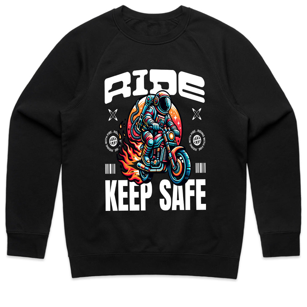 Ride Keep Safe T-Shirt – Futuristic Astronaut Biker Tee