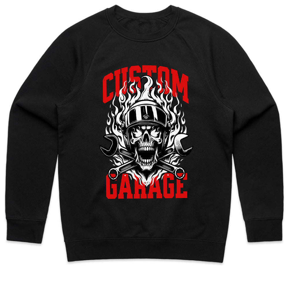 Custom Garage T-Shirt – Fiery Skull Mechanic Biker Tee