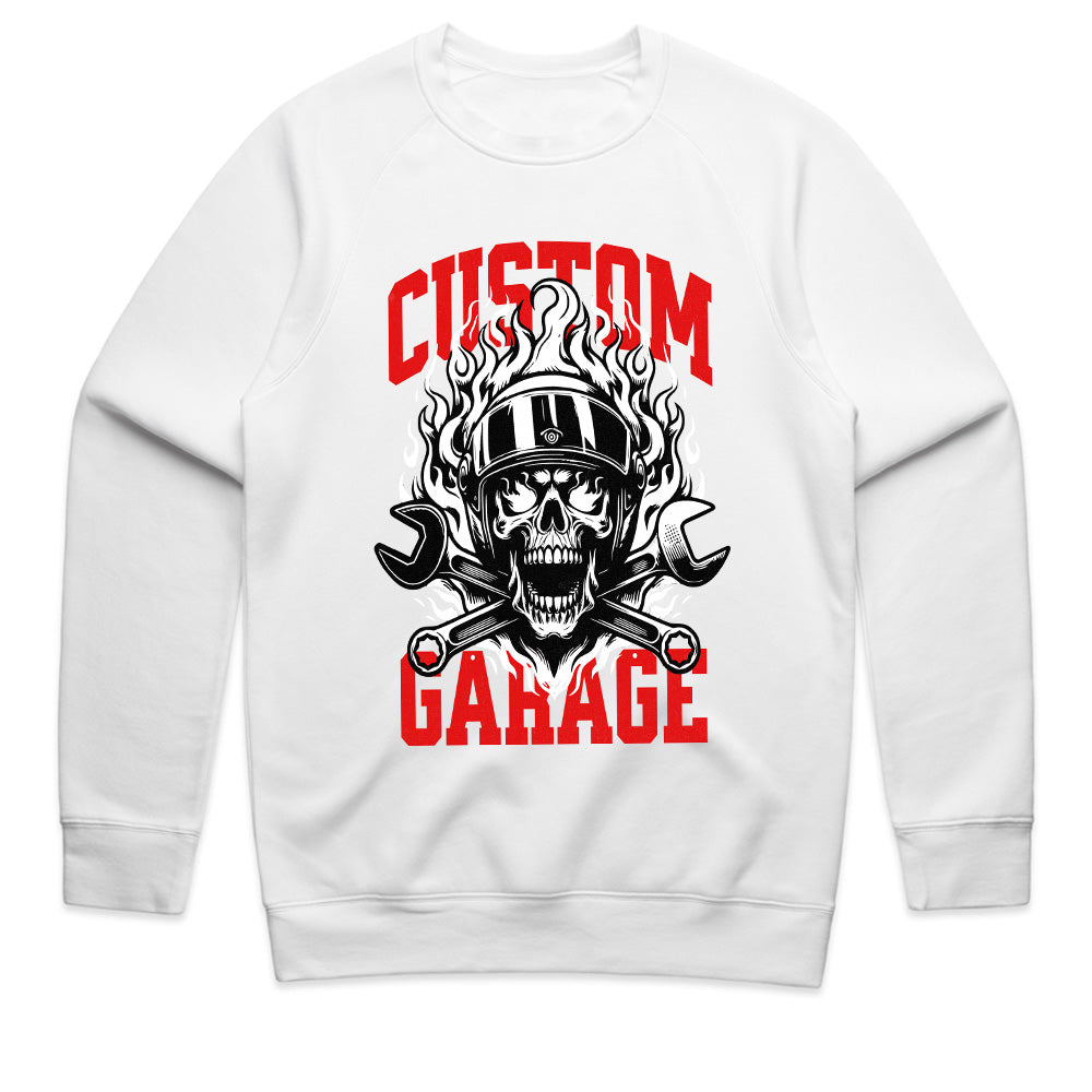 Custom Garage T-Shirt – Fiery Skull Mechanic Biker Tee