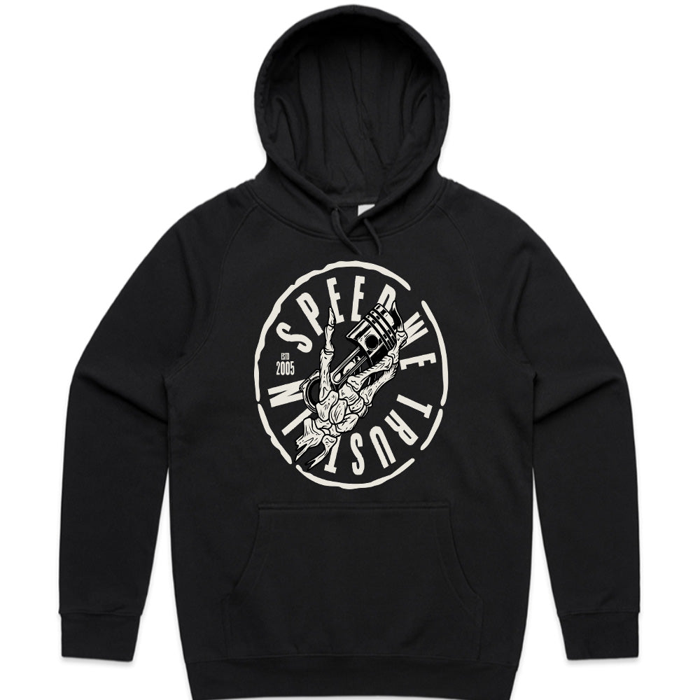 In Speed We Trust — Piston Skull Garage T-Shirt