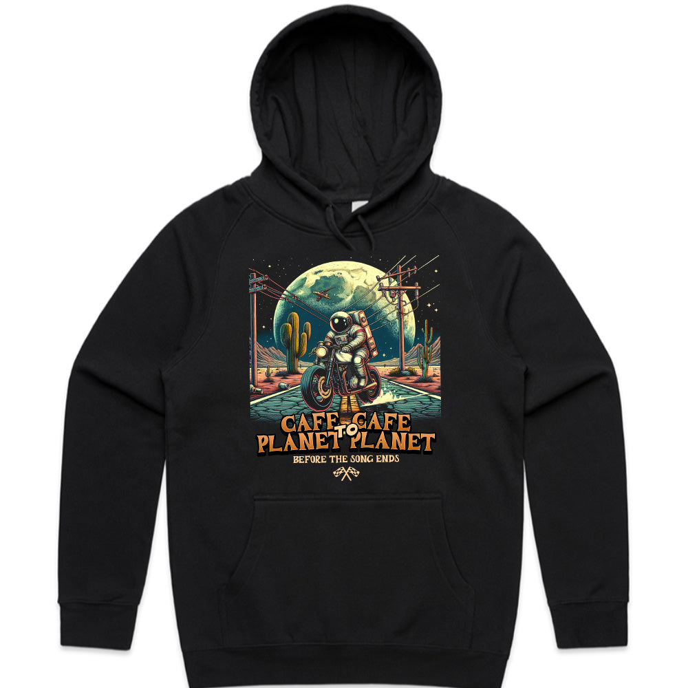 Cafe to Cafe, Planet to Planet – Astronaut Biker Adventure T-Shirt