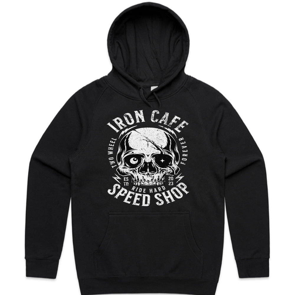 Iron Cafe Speed Shop – Ride Hard Skull Biker T-Shirt