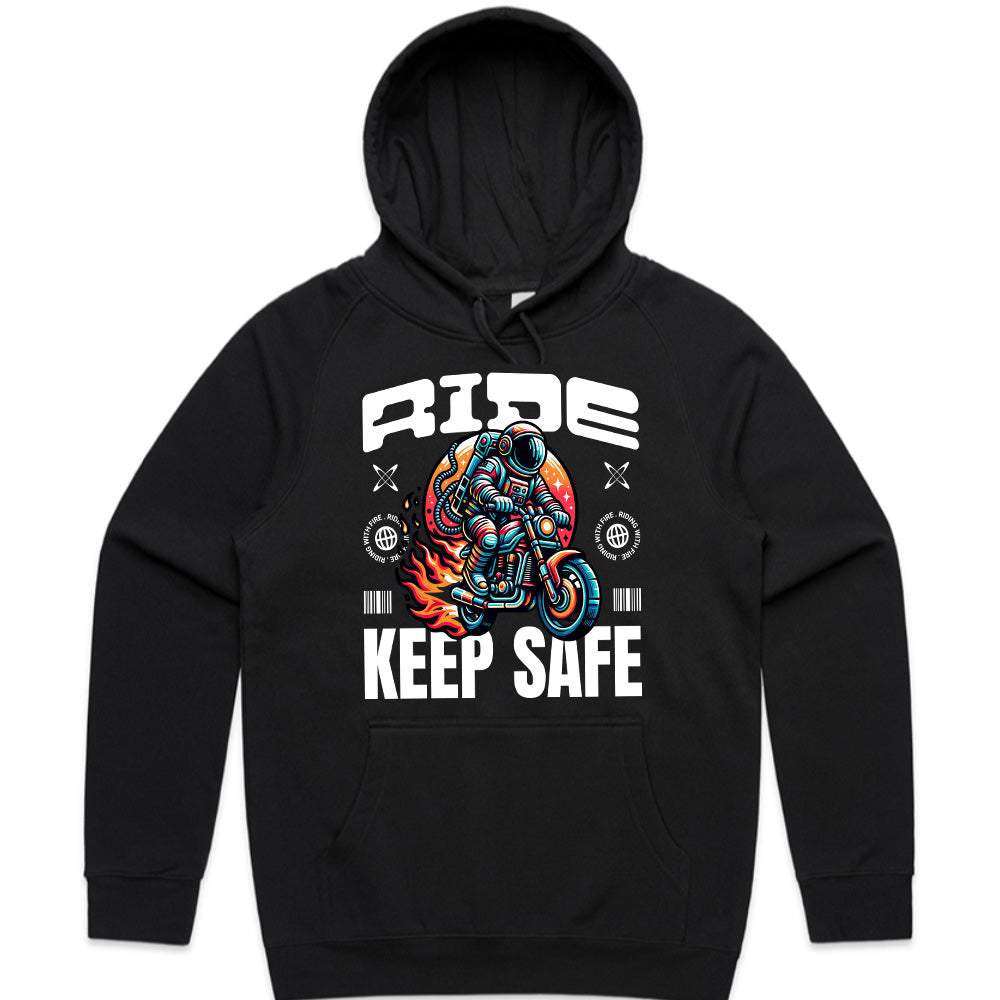 Ride Keep Safe T-Shirt – Futuristic Astronaut Biker Tee