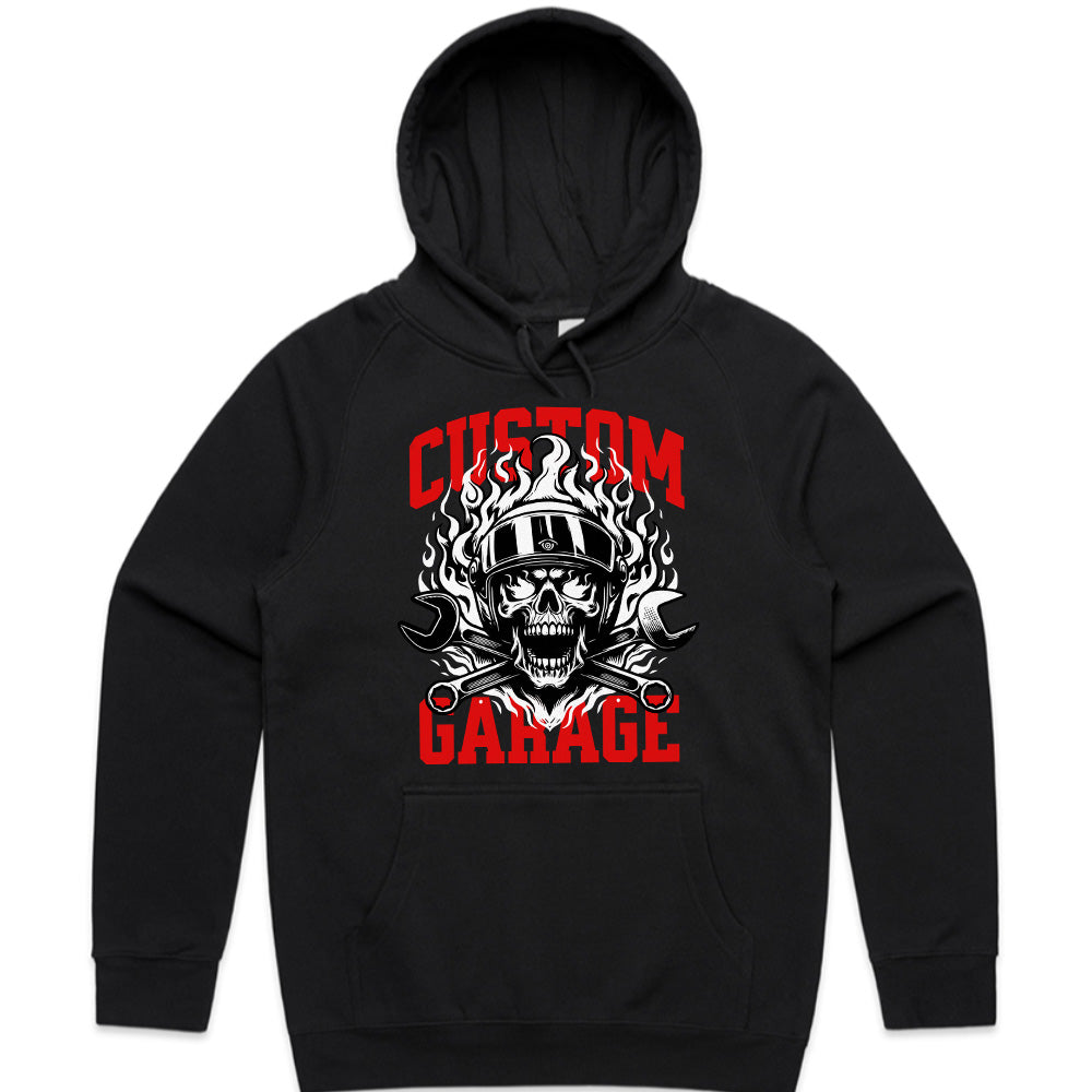 Custom Garage T-Shirt – Fiery Skull Mechanic Biker Tee