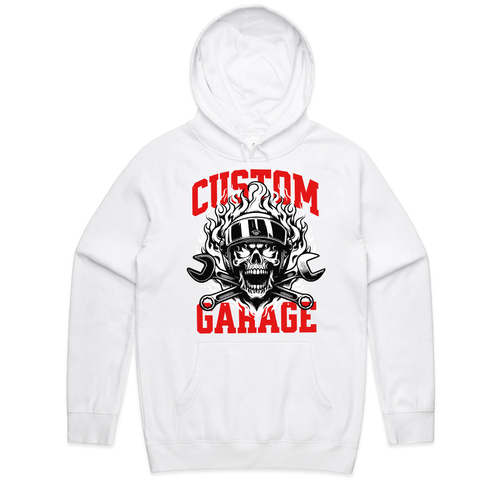 Custom Garage T-Shirt – Fiery Skull Mechanic Biker Tee