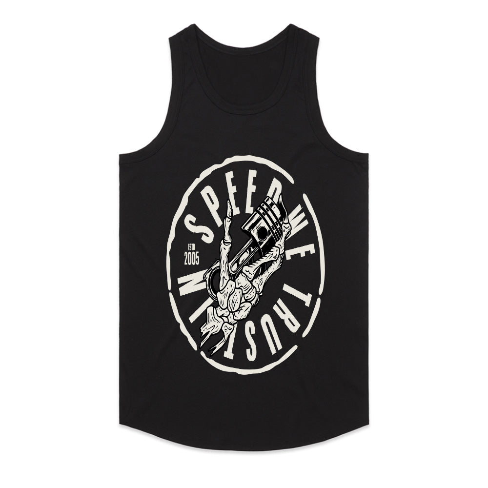 In Speed We Trust — Piston Skull Garage T-Shirt