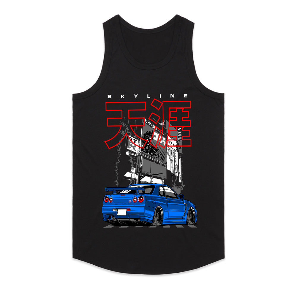Skyline Midnight Drift – Blue R34 JDM Street Legend T-Shirt