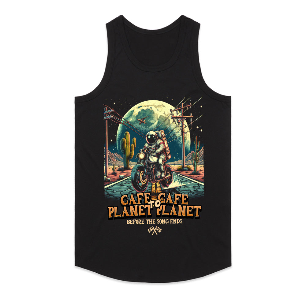 Cafe to Cafe, Planet to Planet – Astronaut Biker Adventure T-Shirt