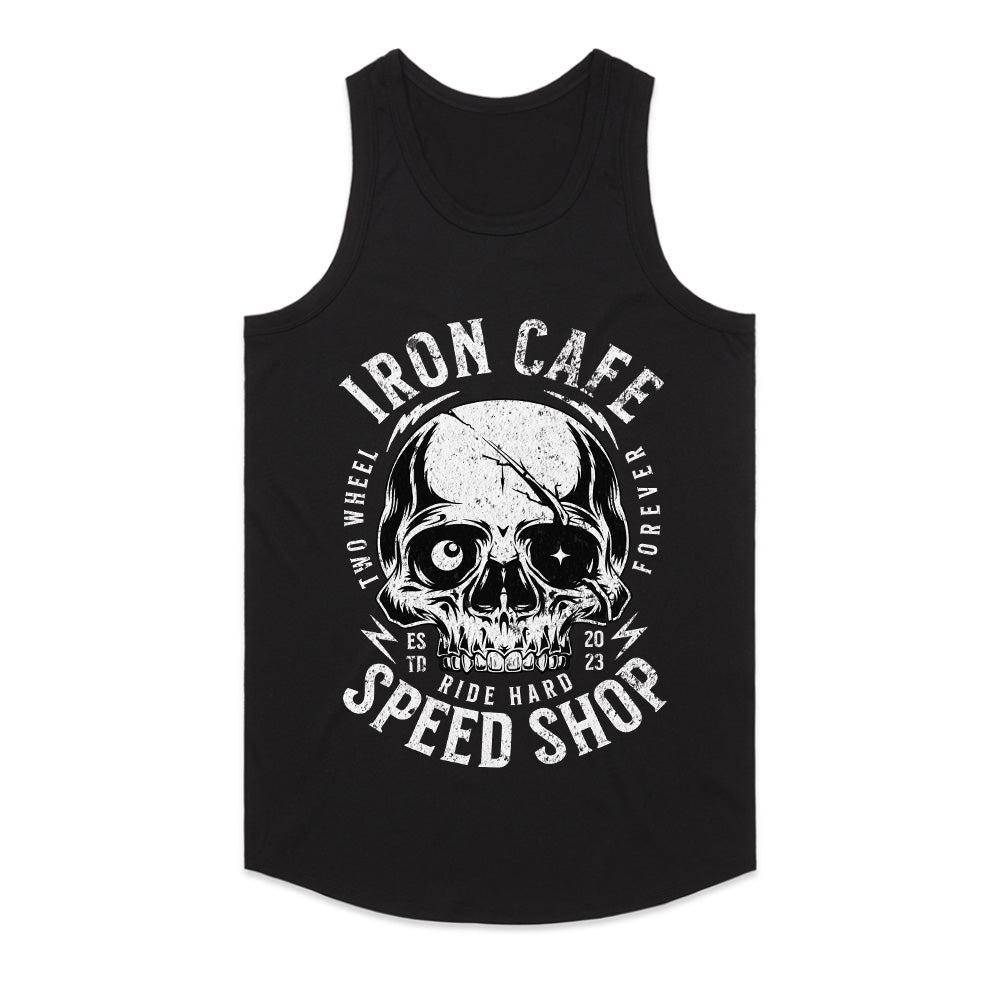 Iron Cafe Speed Shop – Ride Hard Skull Biker T-Shirt