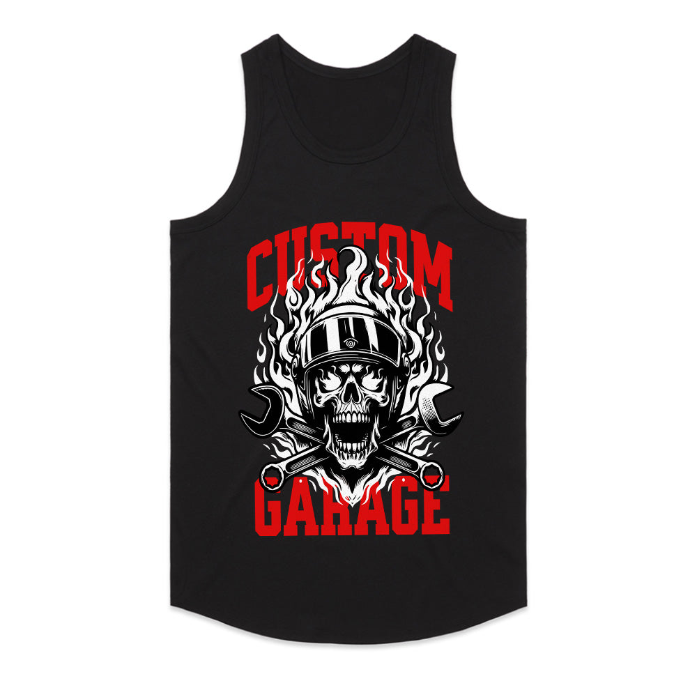 Custom Garage T-Shirt – Fiery Skull Mechanic Biker Tee