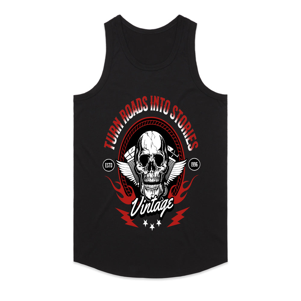 Turn Roads Into Stories – Vintage Biker Skull T-Shirt
