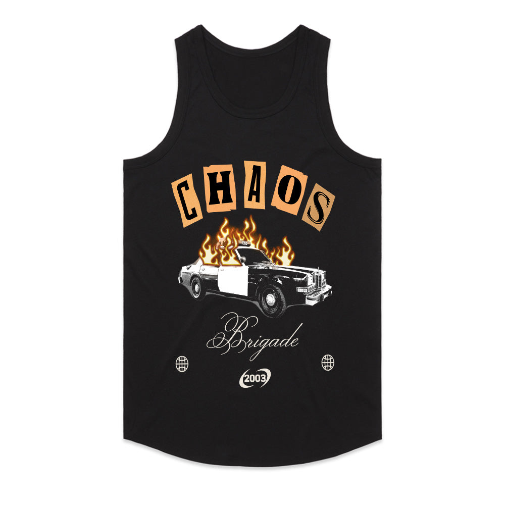 Chaos Brigade — Vintage Burning Police Car Graphic Streetwear T-Shirt