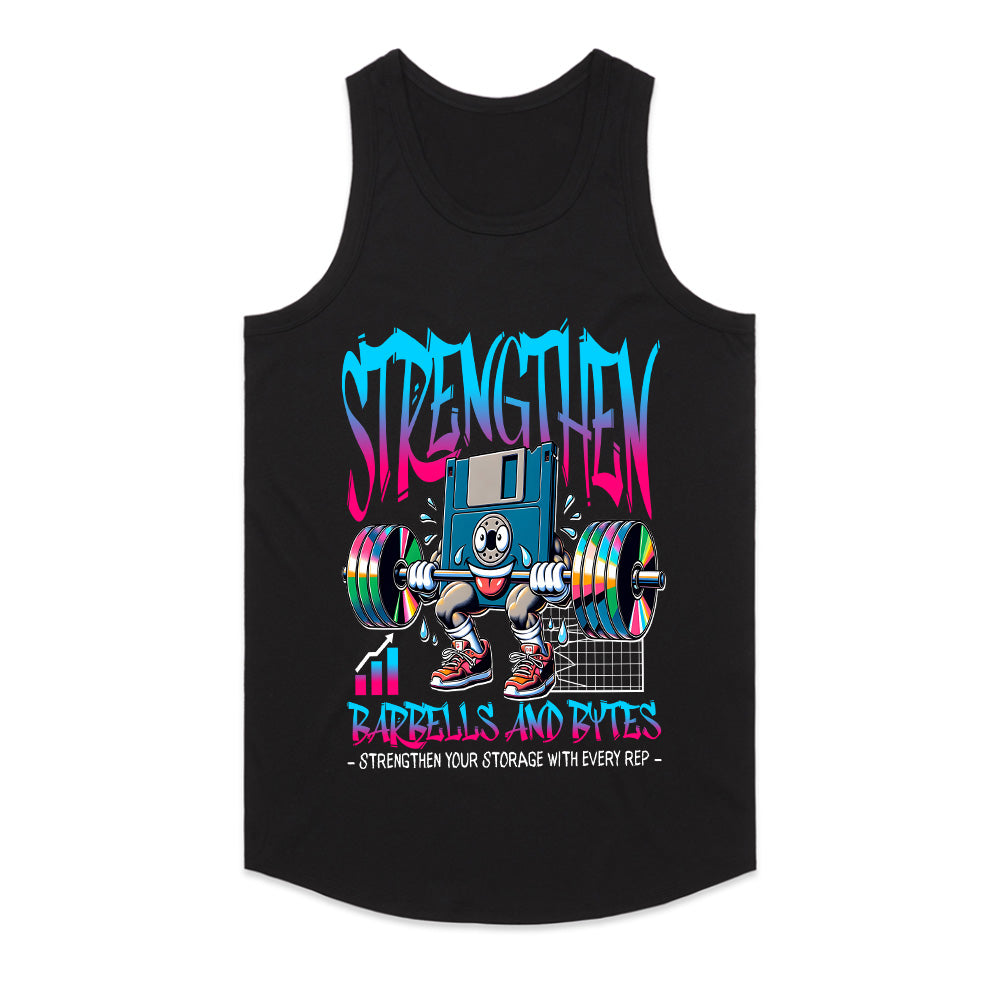 "Strengthen: Barbells & Bytes" Retro Fitness Geek T-Shirt – Power Up with Every Rep