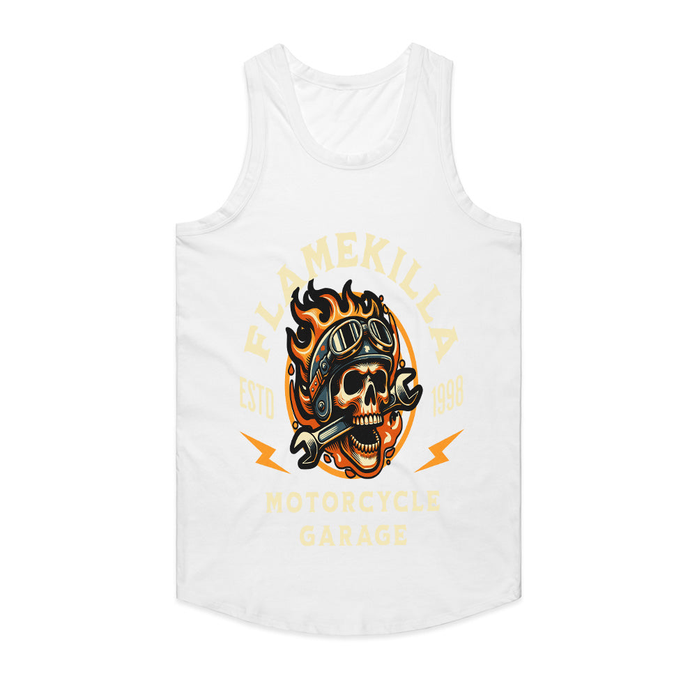 FlameKilla Motorcycle Garage – Fiery Skull Biker T-Shirt