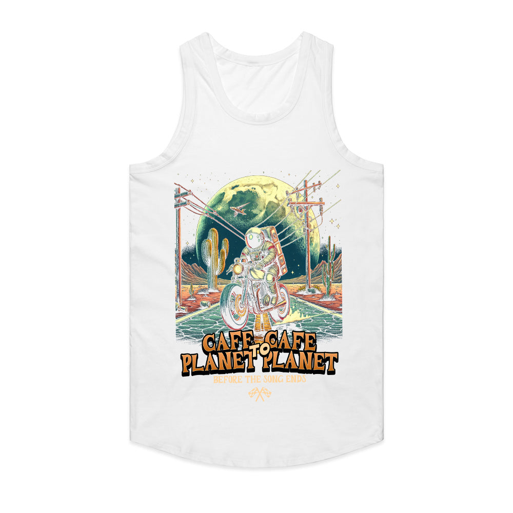 Cafe to Cafe, Planet to Planet – Astronaut Biker Adventure T-Shirt
