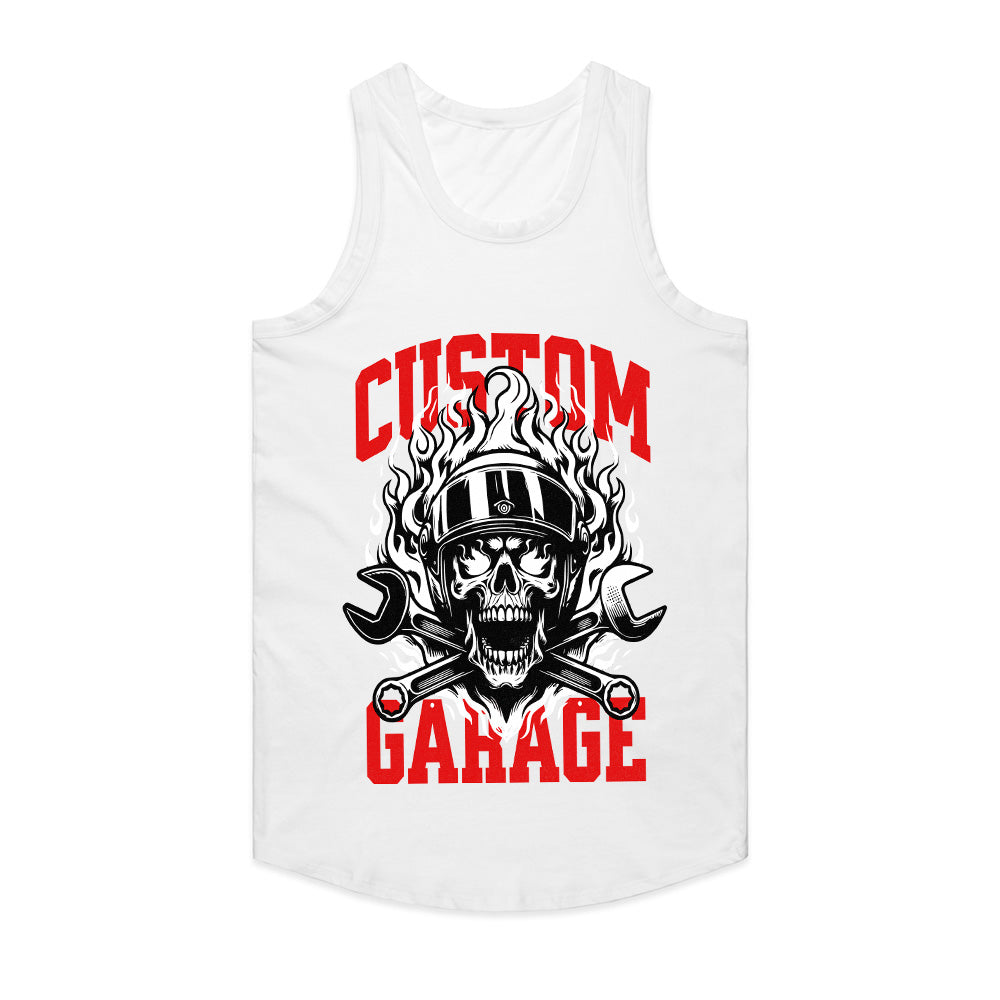 Custom Garage T-Shirt – Fiery Skull Mechanic Biker Tee