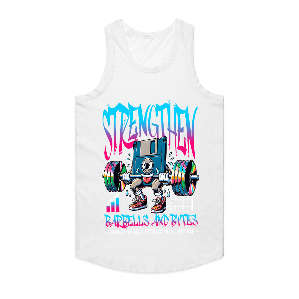 "Strengthen: Barbells & Bytes" Retro Fitness Geek T-Shirt – Power Up with Every Rep