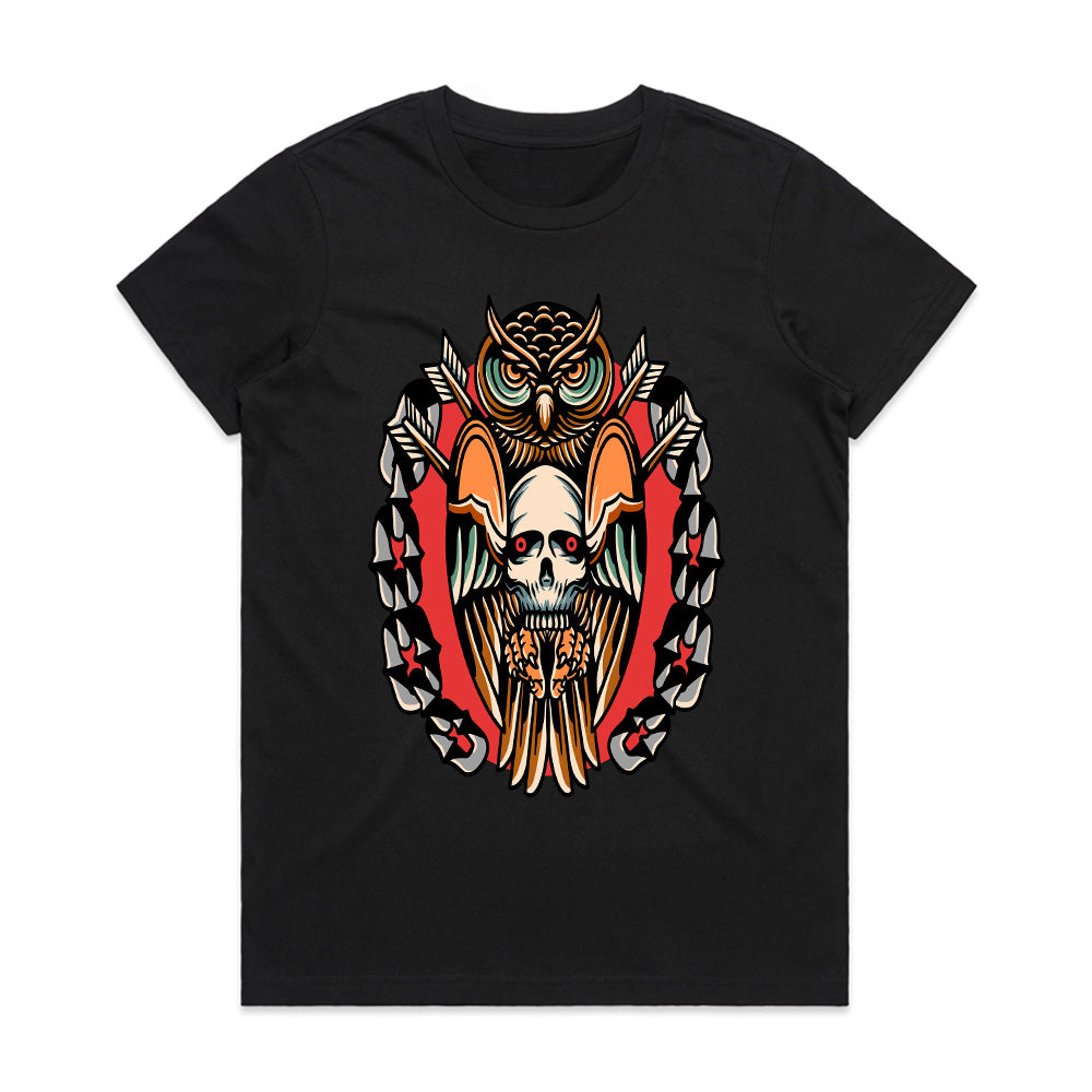 Nocturnal Guardians: Skull & Owl Fusion Tee