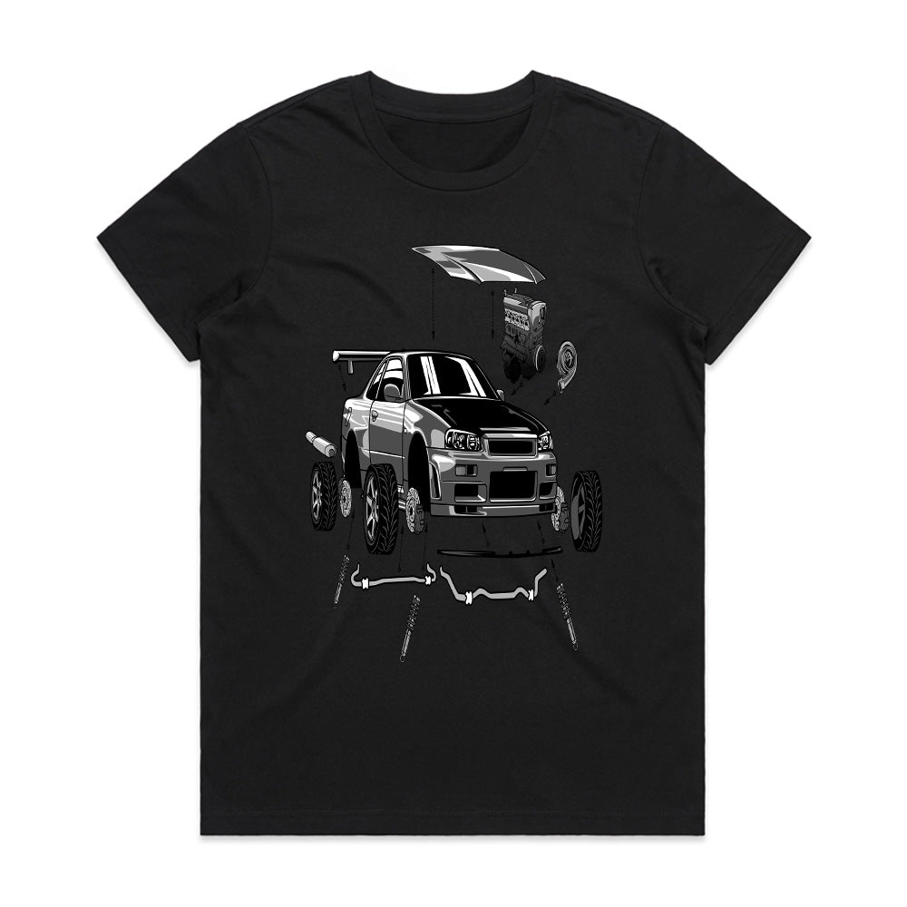Skyline R34 Build Anatomy — JDM Exploded View T-Shirt