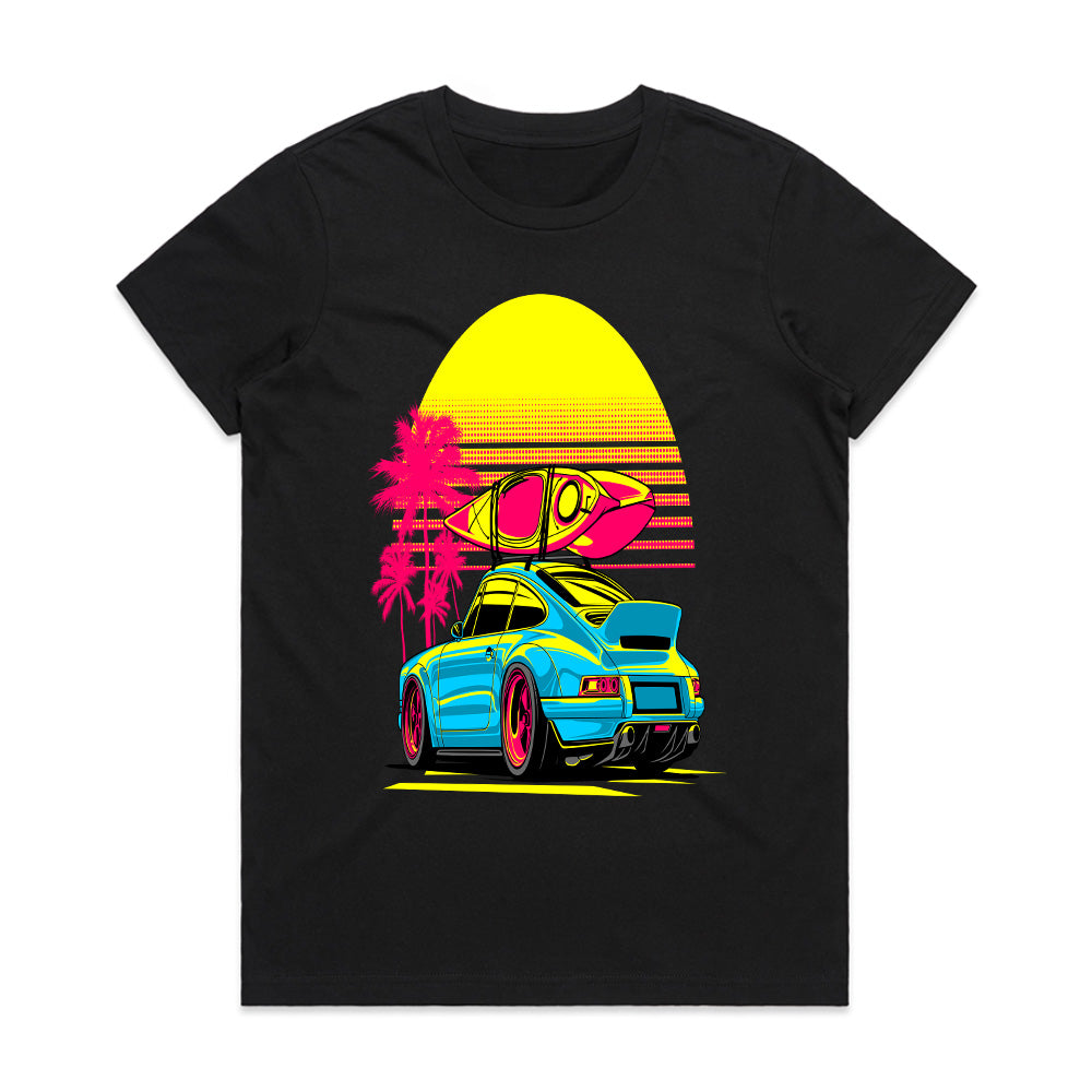 Retro Beach Ride — Neon Porsche Surf Vibes T-Shirt