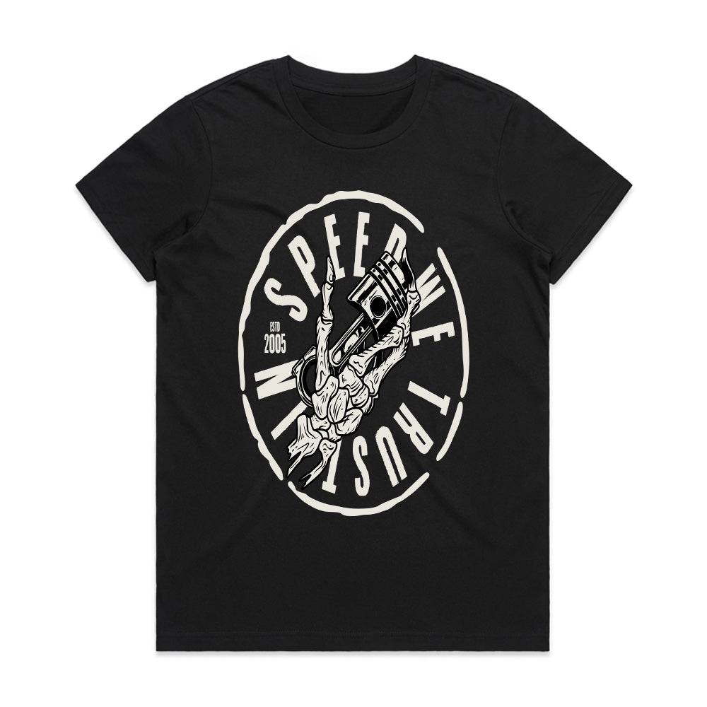 In Speed We Trust — Piston Skull Garage T-Shirt