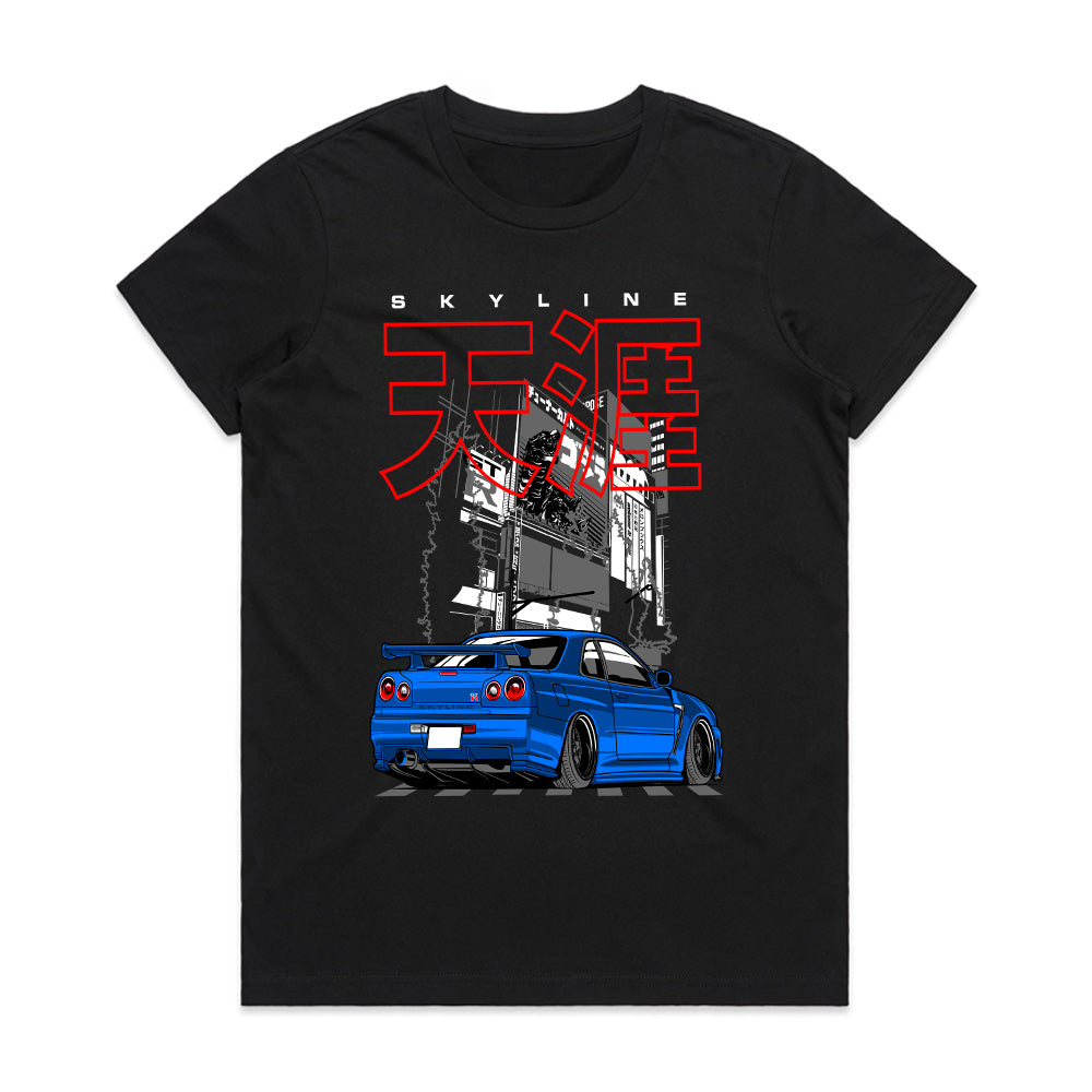 Skyline Midnight Drift – Blue R34 JDM Street Legend T-Shirt