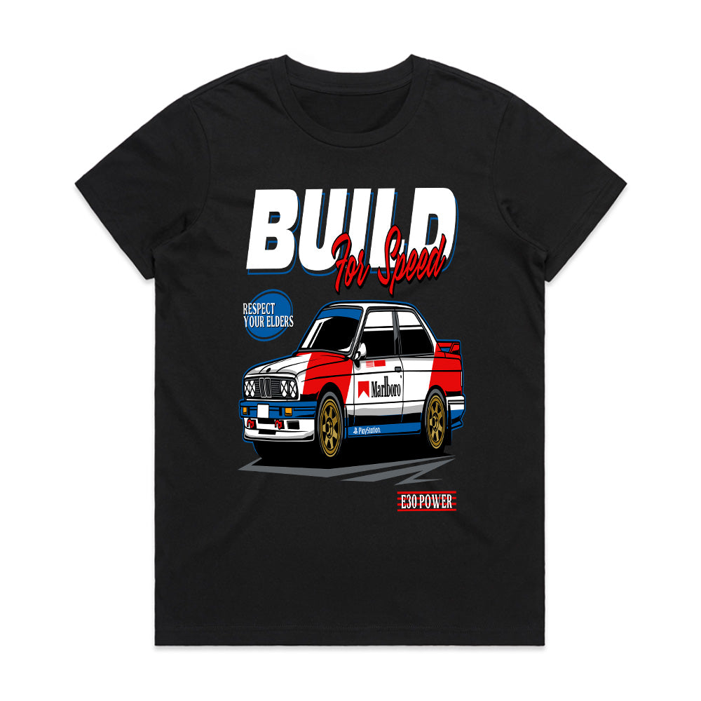 BMW E30 Build for Speed T-Shirt – Classic Racing Heritage Tee