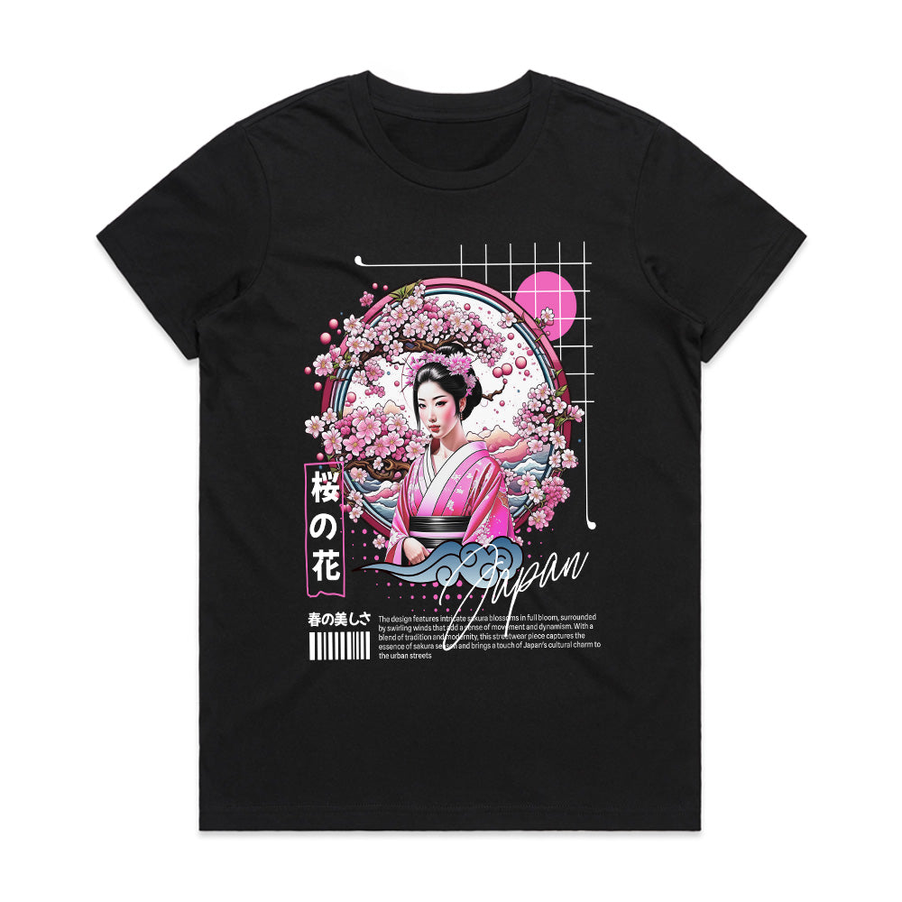 Sakura Blossom Serenity: Modern Geisha Japan Graphic Tee