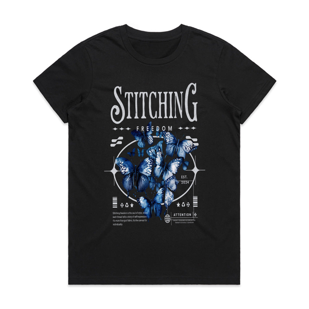 Stitching Freedom: Blue Butterfly Escape Tee