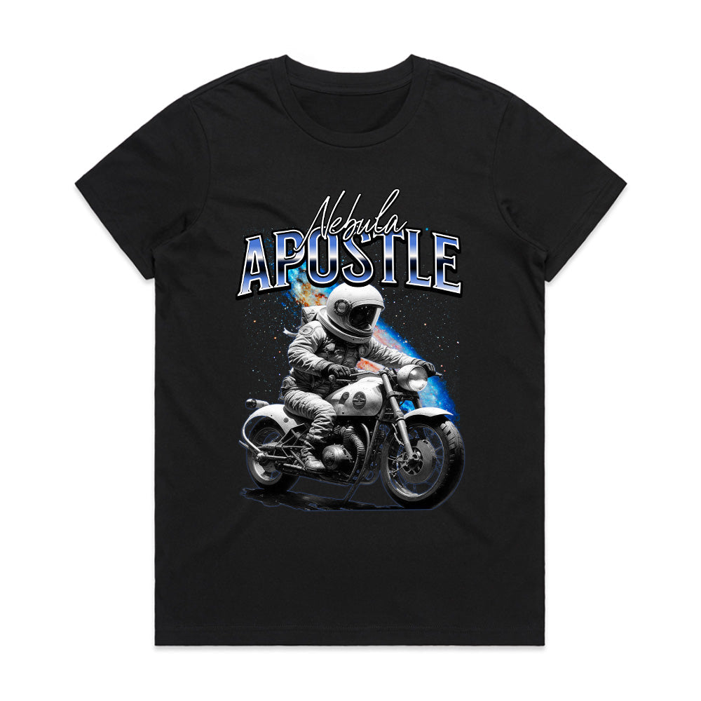 Nebula Apostle – Astronaut Biker Cosmic Adventure T-Shirt