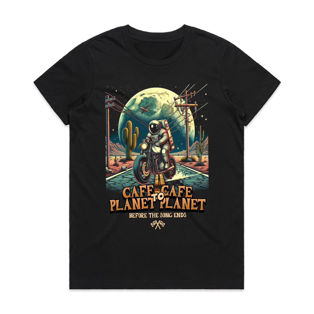 Cafe to Cafe, Planet to Planet – Astronaut Biker Adventure T-Shirt