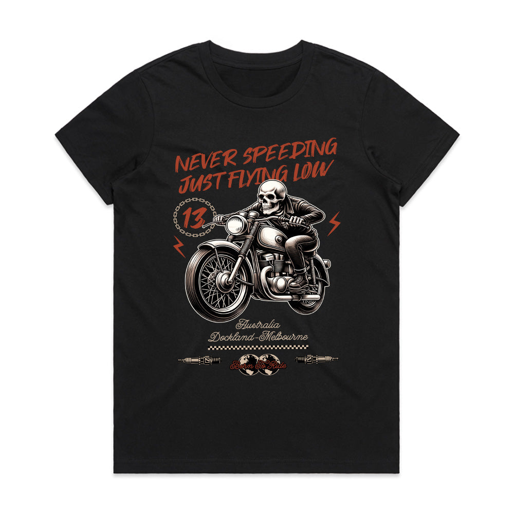 Never Speeding, Just Flying Low – Skull Biker T-Shirt