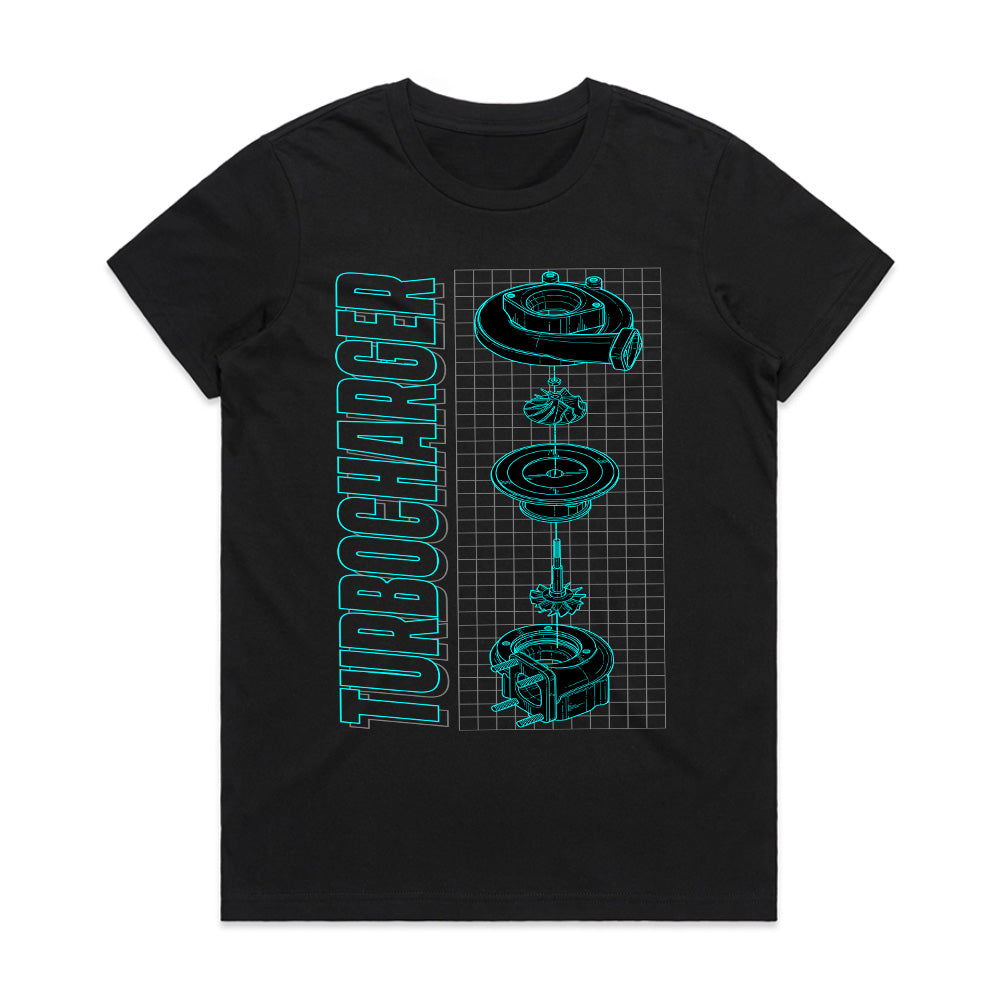 Turbocharger Blueprint T-Shirt – Boost Engineer Tech Schematic Tee