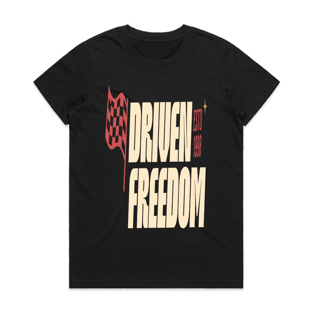 Driven Freedom - Retro Racing Flag Typography Tee