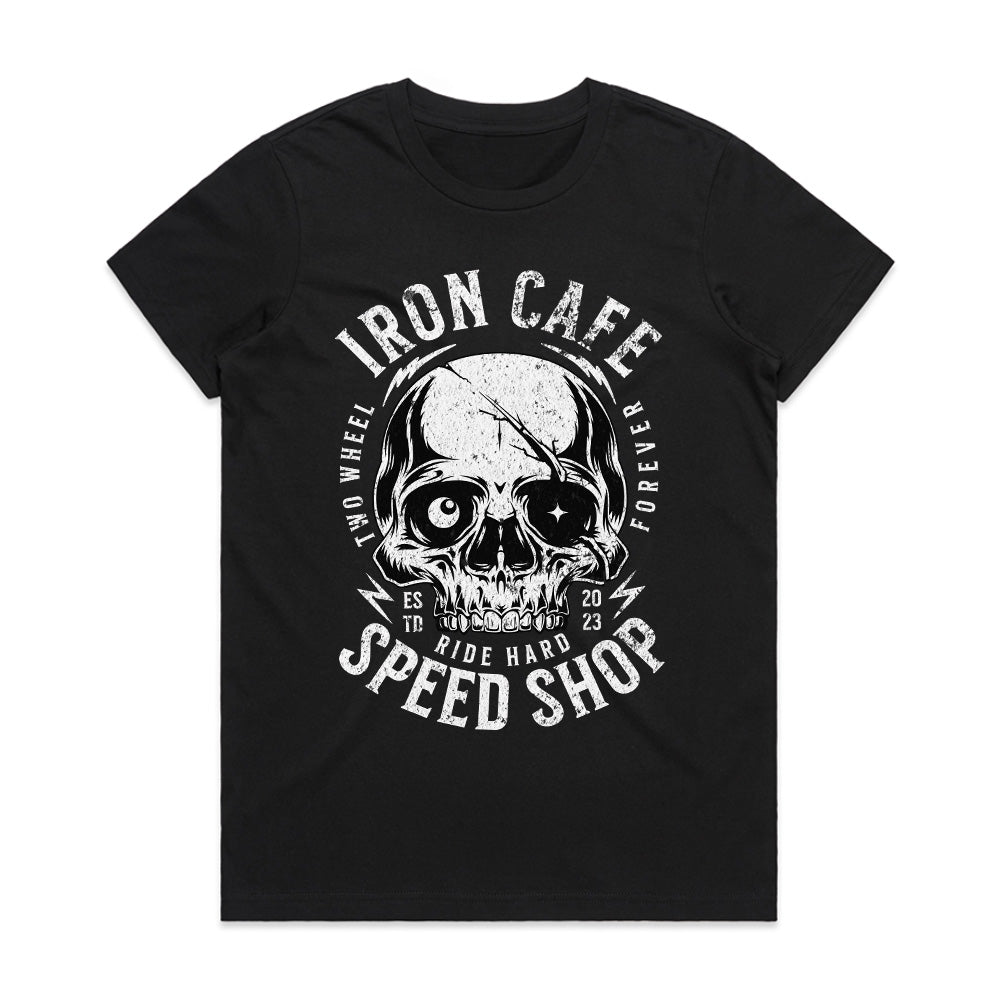 Iron Cafe Speed Shop – Ride Hard Skull Biker T-Shirt