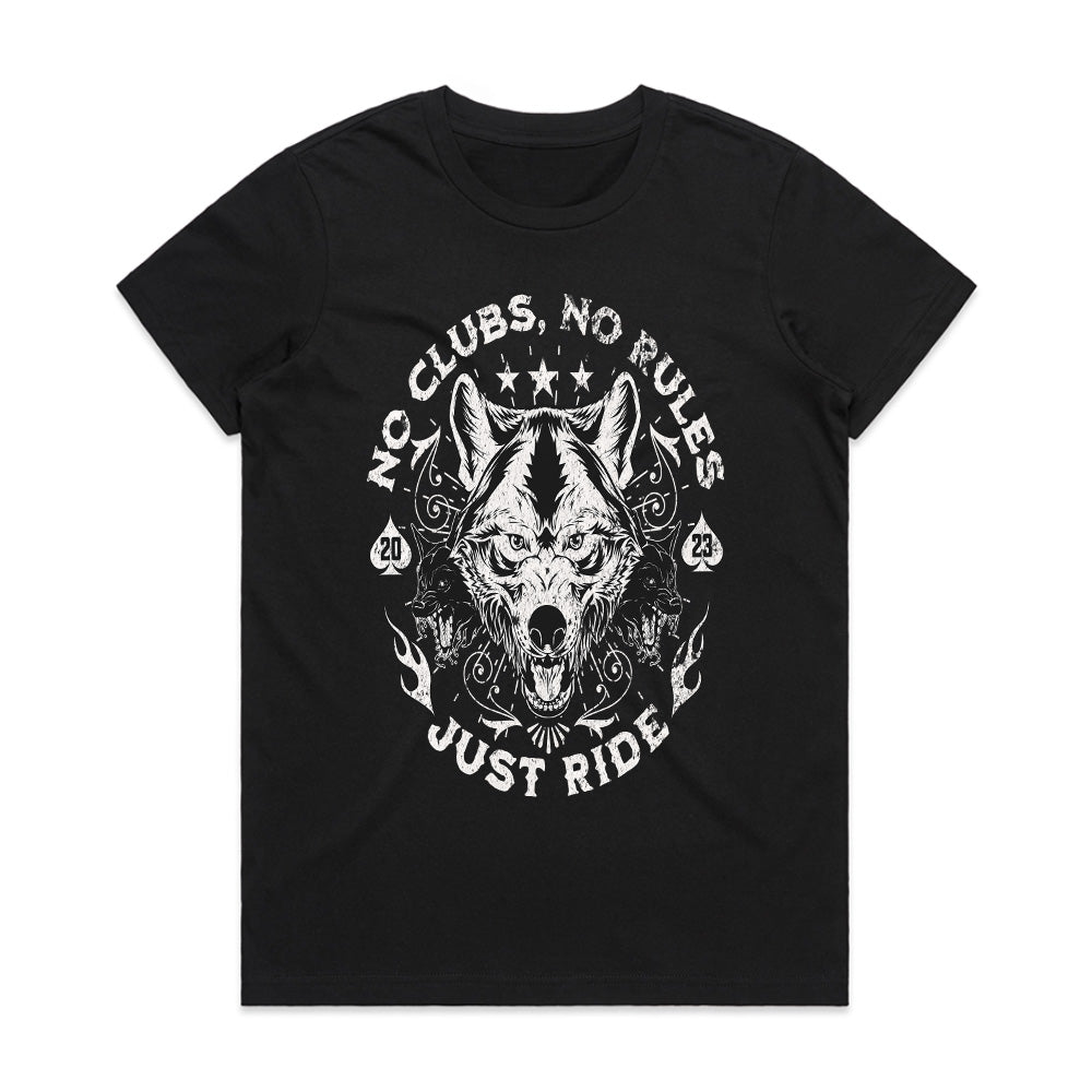 No Clubs, No Rules, Just Ride – Lone Wolf Biker T-Shirt