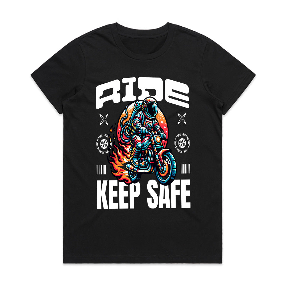Ride Keep Safe T-Shirt – Futuristic Astronaut Biker Tee