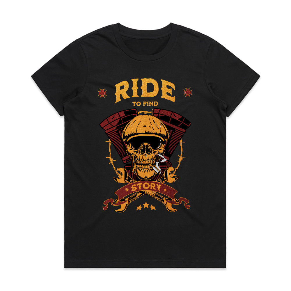 Ride to Find Story T-Shirt – Vintage Skull Biker Adventure Tee