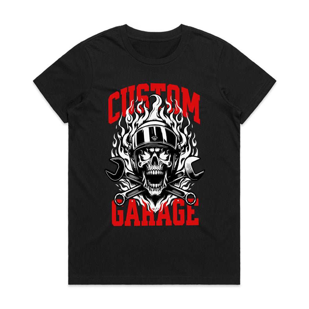 Custom Garage T-Shirt – Fiery Skull Mechanic Biker Tee