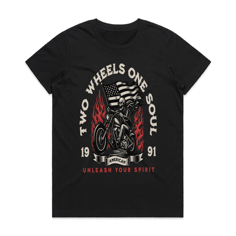 Two Wheels One Soul T-Shirt – American Biker Skull Rider Tee