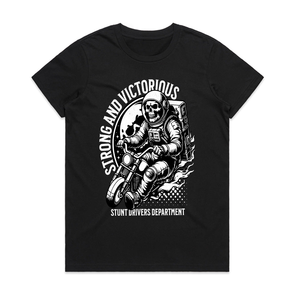 Strong and Victorious T-Shirt – Astronaut Skull Biker Stunt Tee