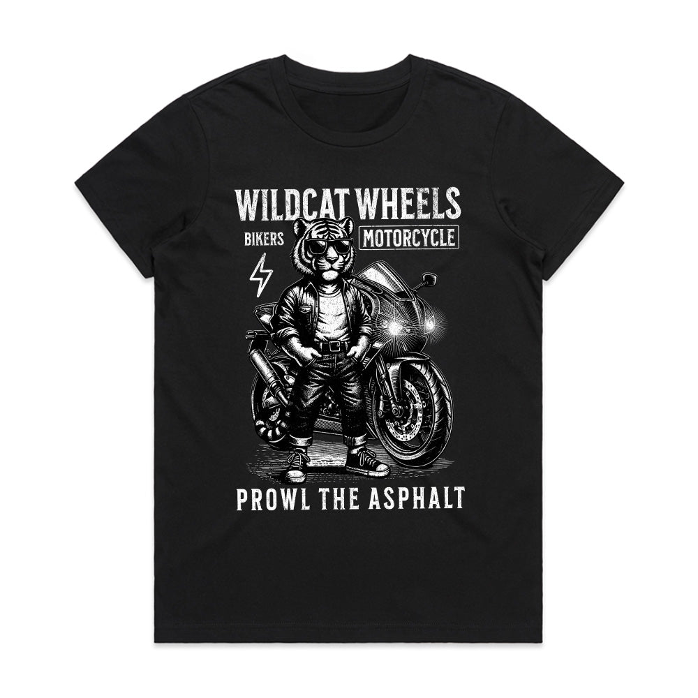 Wildcat Wheels Biker T-Shirt – Fierce Tiger Rider with Motorcycle