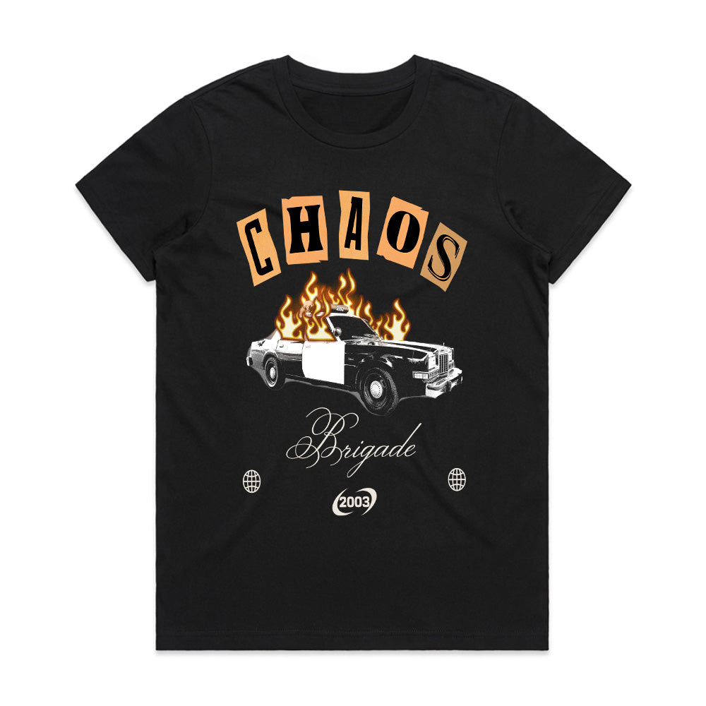 Chaos Brigade — Vintage Burning Police Car Graphic Streetwear T-Shirt