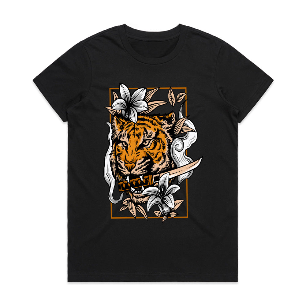 Savage Bloom: Tiger & Blade Floral Fusion Tee