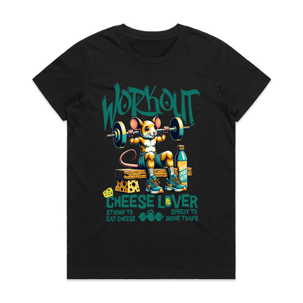 "Workout Cheese Lover" Funny Gym T-Shirt – Strong to Eat Cheese, Speedy to Dodge Traps